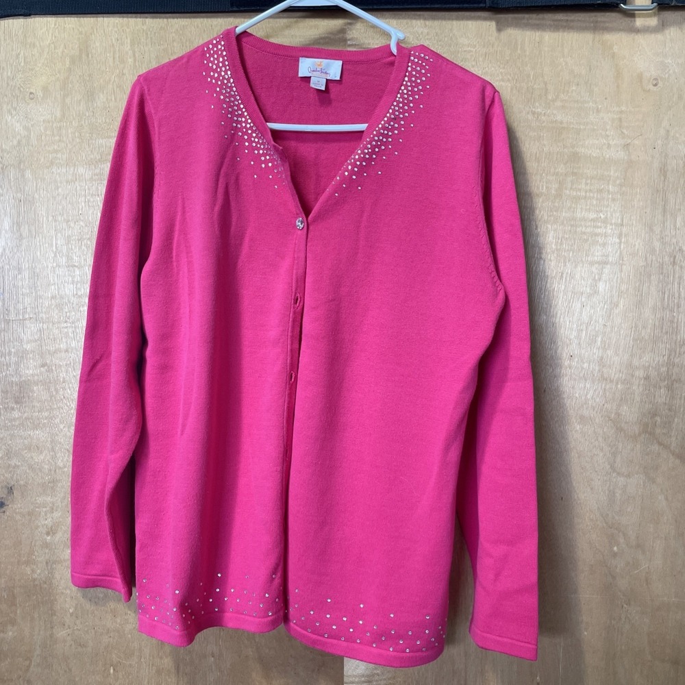 Quacker Factory Medium Hot Pink Rhinestone Bling Embellished Cardigan Sweater‎